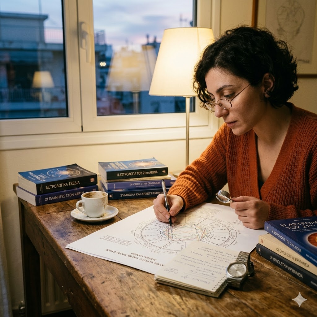 Γυναίκα διαβάζει αστρολογικό χάρτη