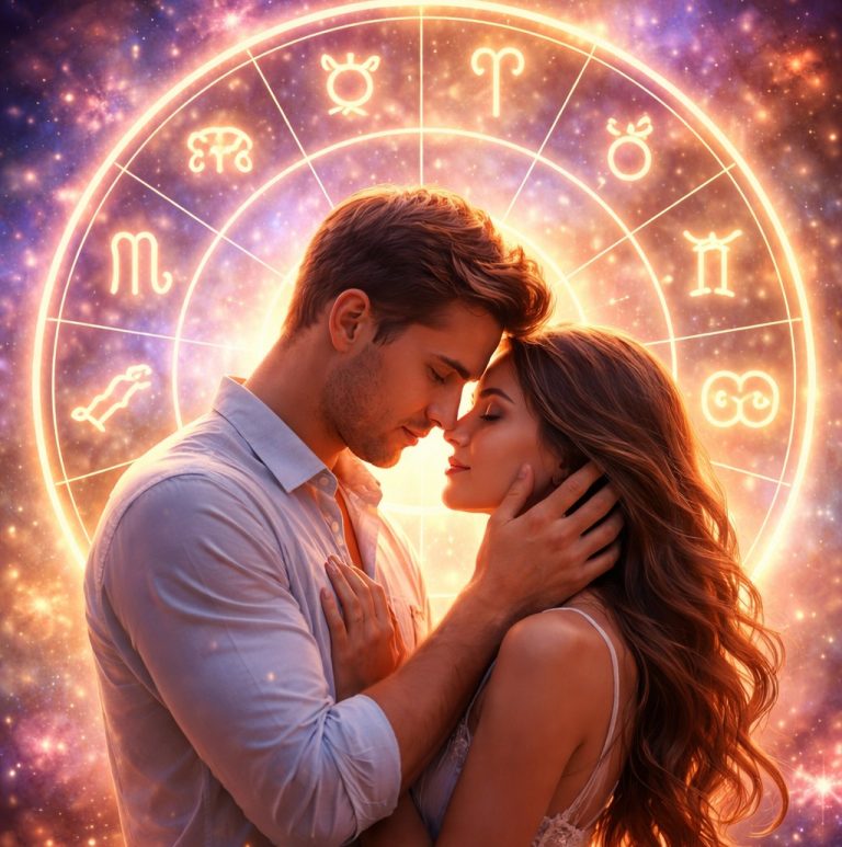 Ζευγάρι ερωτευμένο με φόντο τον ζωδιακό κύκλο.