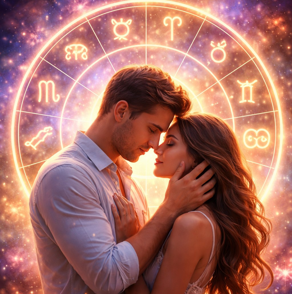 Ζευγάρι ερωτευμένο με φόντο τον ζωδιακό κύκλο.