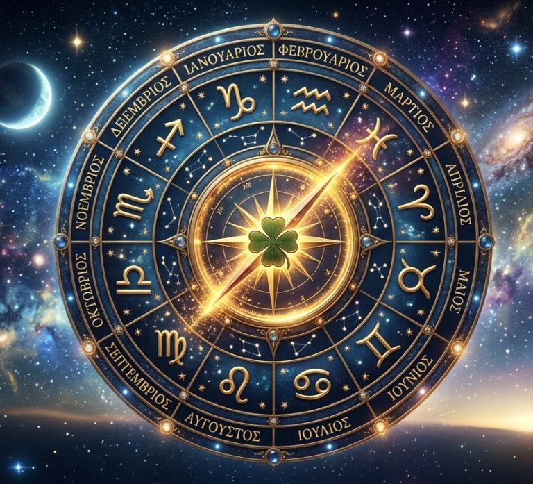 Ο ζωδιακός κύκλος με τους μήνες γέννησης και στη μέση το τετράφυλλο τριφύλλι