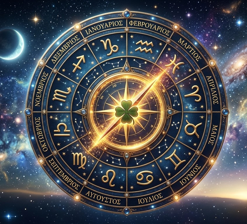 Ο ζωδιακός κύκλος με τους μήνες γέννησης και στη μέση το τετράφυλλο τριφύλλι