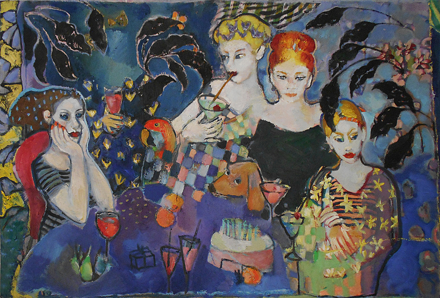 Το έργο "Birthday Party" είναι ένα από τα είκοσι έργα της ξεχωριστής έκθεσης της ζωγράφου Ειρήνης Κανά που φιλοξενείται στο Πολυκεντρικό Μουσείο των Αιγών μέχρι τις 130 Αυγούστου.