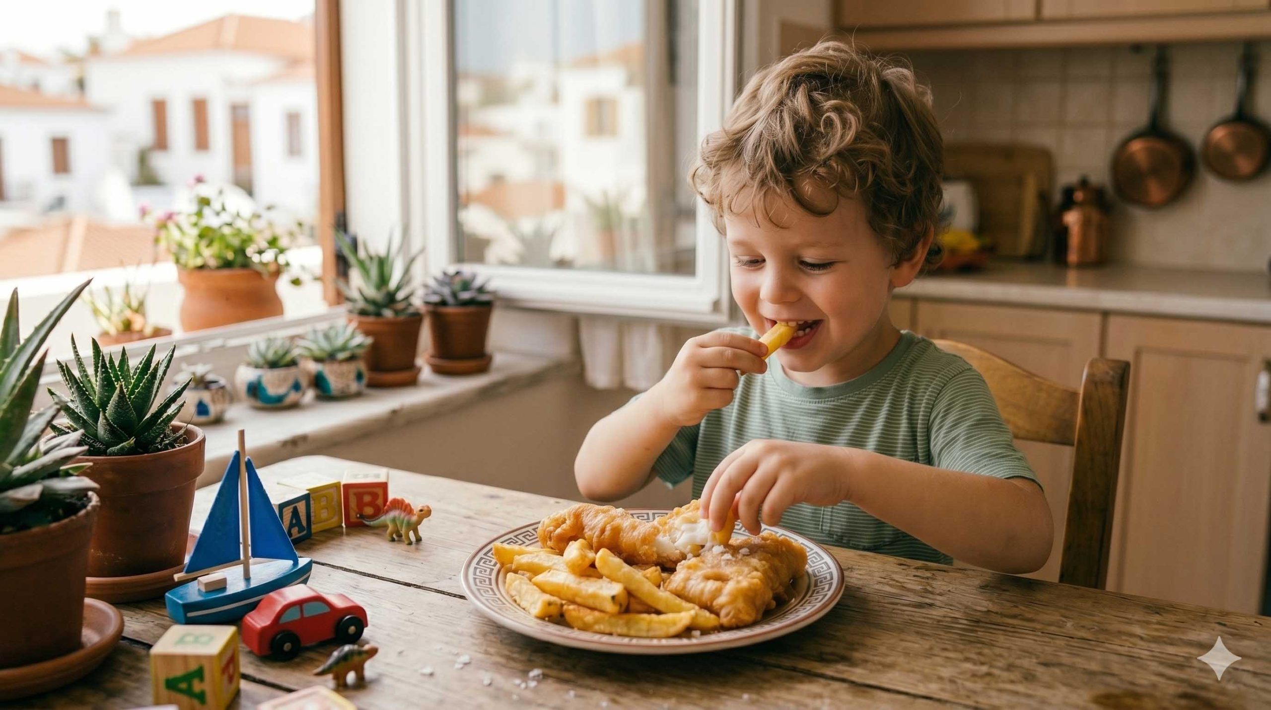 Αγοράκι τρώει στην κουζίνα fish and chips