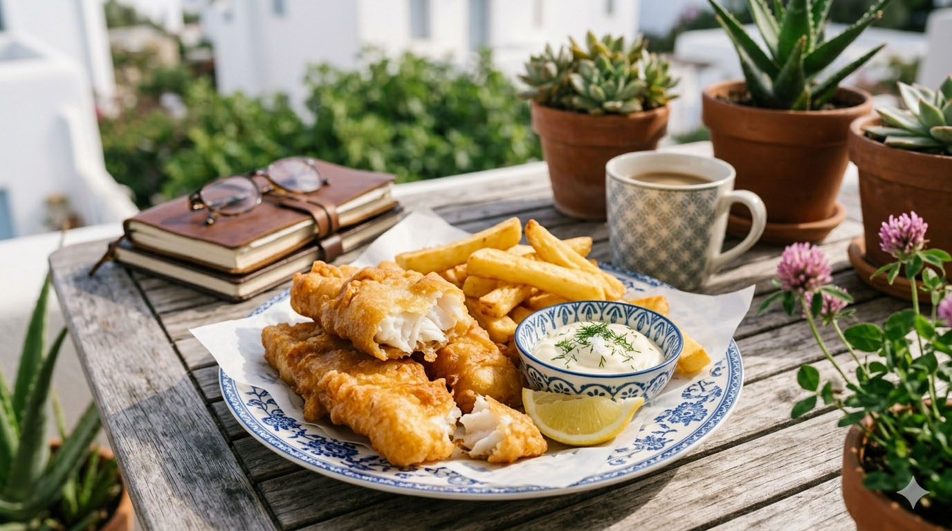 Fish and chips ή αλλιώς μπακαλιάρος τηγανητός με πατάτες τηγανητές.