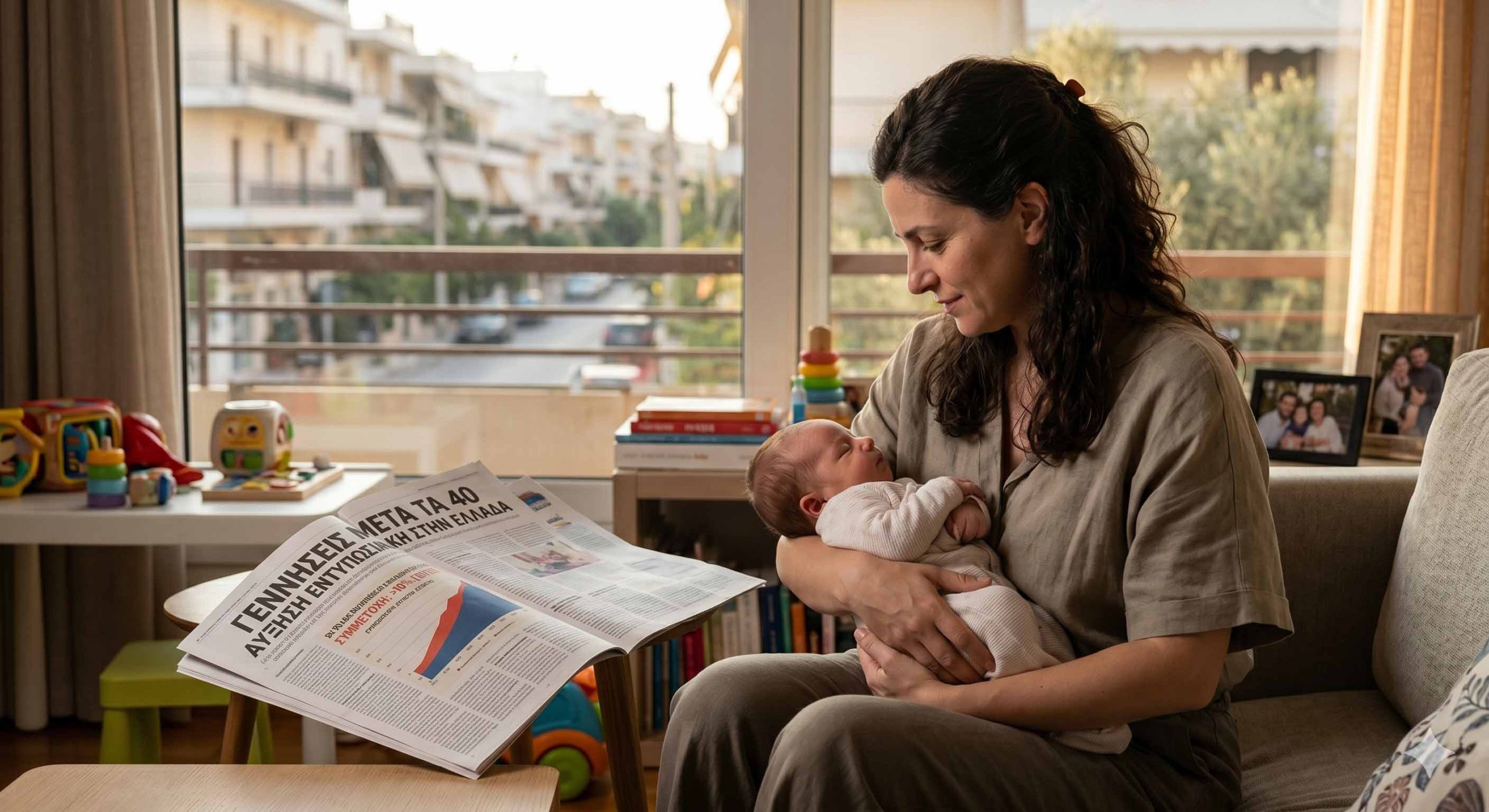 Σημαντικό ρόλο στην αύξηση των γεννήσεων μετά τα 40 έπαιξαν επίσης οι εξελίξεις στις τεχνικές υποβοηθούμενης γονιμότητας, αλλά και η μεγαλύτερη πρόσβαση των ζευγαριών σε αυτές τις μεθόδους. Στη φωτογραφία γυναίκα άνω των σαράντα κρατά στην αγκαλιά της το μωράκι της. Στην εφημερίδα βλέπουμε τον τίτλο Γεννήσεις μετά τα 40 Αύξηση Εντυπωσιακή στις γεννήσεις.