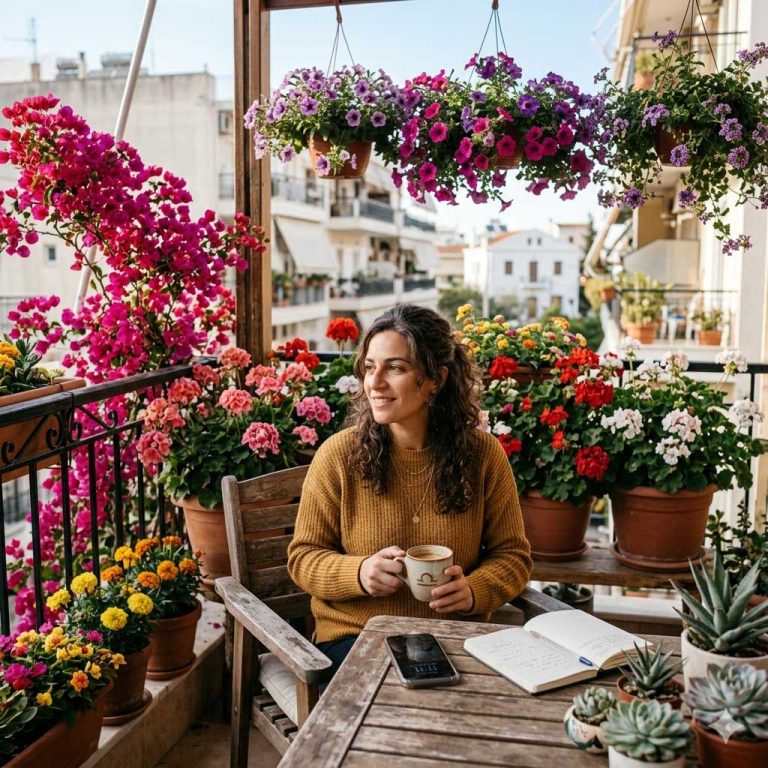 Γυναίκα απολαμβάνει το πρωινό της στο μπαλκόνι της που είναι γεμάτο με ανθισμένες γλάστρες.