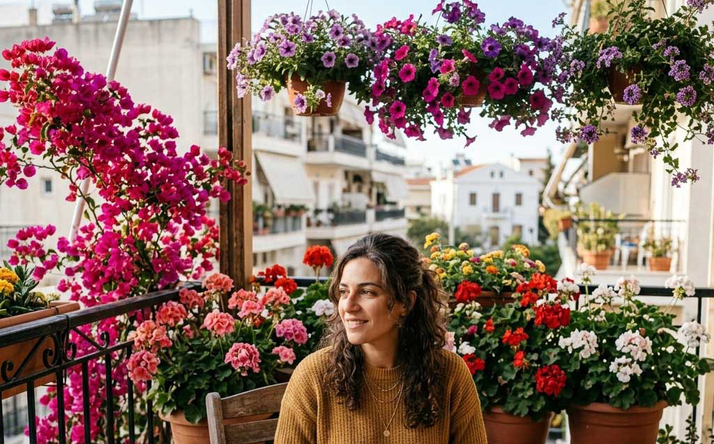 Γυναίκα απολαμβάνει το πρωινό της στο μπαλκόνι της που είναι γεμάτο με ανθισμένες γλάστρες.