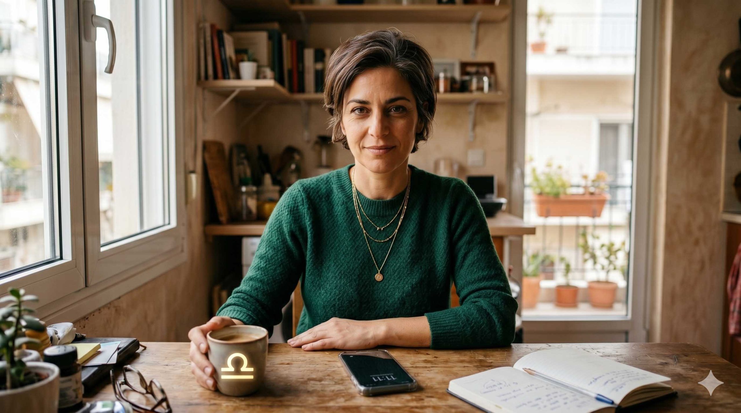 Γυναίκα ήρεμη και σίγουρη μας κοιτά κρατώντας τον καφέ της. Πάνω στο φλυτζάνι έχει σχήμα που παραπέμπει στον ζωδιακό κύκλο.