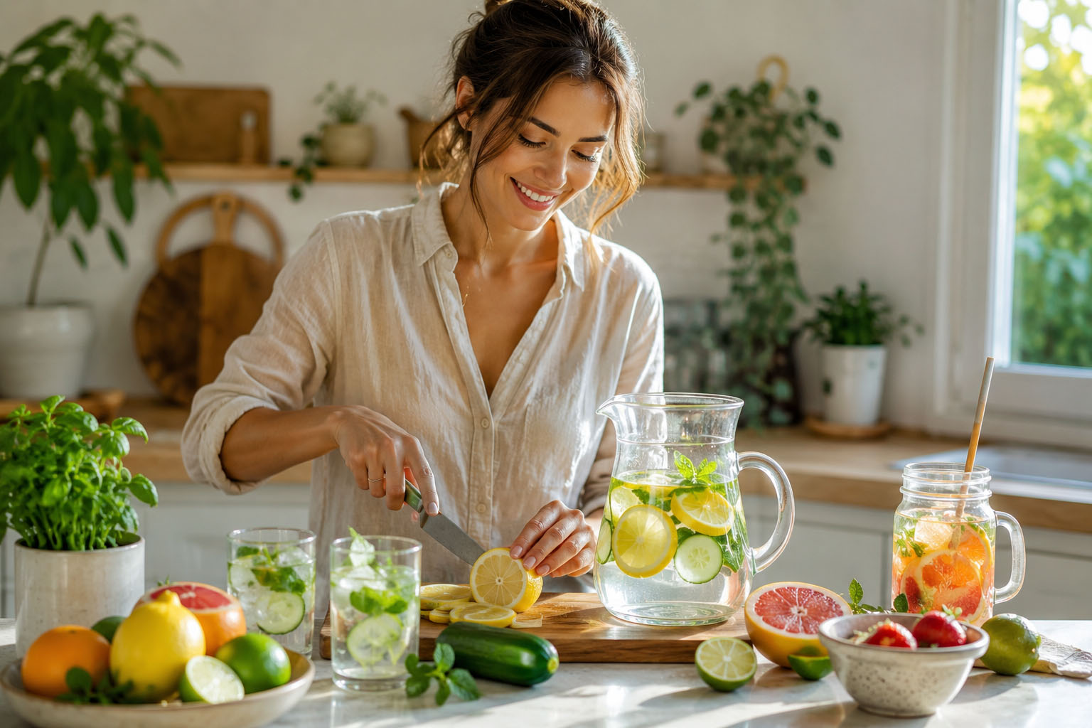 Γυναίκα ετοιμάζει water coctails. H νέα τάση για ενυδάτωση.