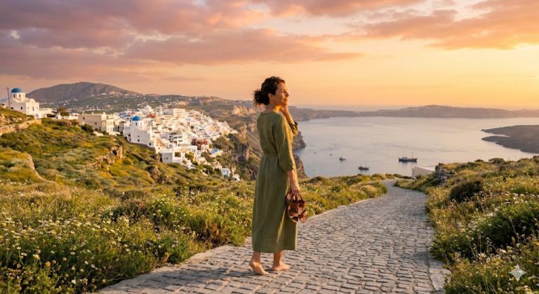 Κατανή γυναίκα με μαζεμένα μαλλιά και χωρίς παπούτσια περπατά στο νησί λίγο πριν τη Δύση του ηλίου.