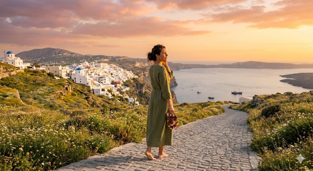 Κατανή γυναίκα με μαζεμένα μαλλιά και χωρίς παπούτσια περπατά στο νησί λίγο πριν τη Δύση του ηλίου.