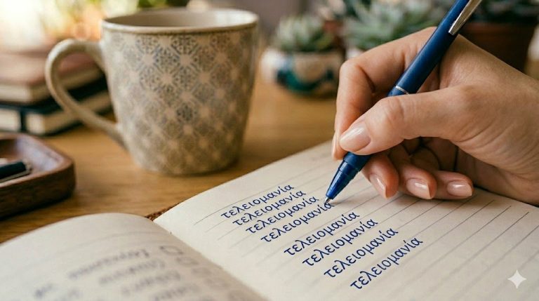 Η ανάγκη για το "τέλειο" συχνά οδηγεί σε παραλυτική αναβλητικότητα, λόγω του φόβου της αποτυχίας ή του λάθους. Στη φωτογραφία γυναικείο χέρι γράφει συνέχεια τη λέξη τελειομανία.