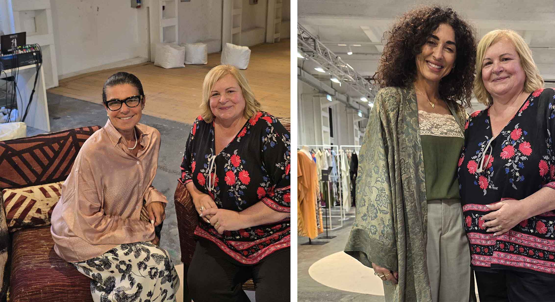 Στα αριστερά η Brenda Bellei Ceo of White Milano, μία από τις σημαντικότερες προσωπικότητες στον κόσμο της ιταλικής μόδας, και στα δεξιά η Alessandra Montana CEO and Founder του τουριστικού οργανισμού Allumeuse, με την απεσταλμένη μας Σίσσυ Νίκα.