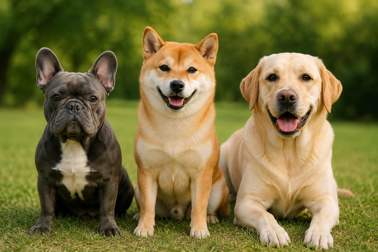Τρία σκυλιά, ένα γαλλικό μπουλντόγκ, ένα Shiba Inu και ένα Λαμπραντόρ.