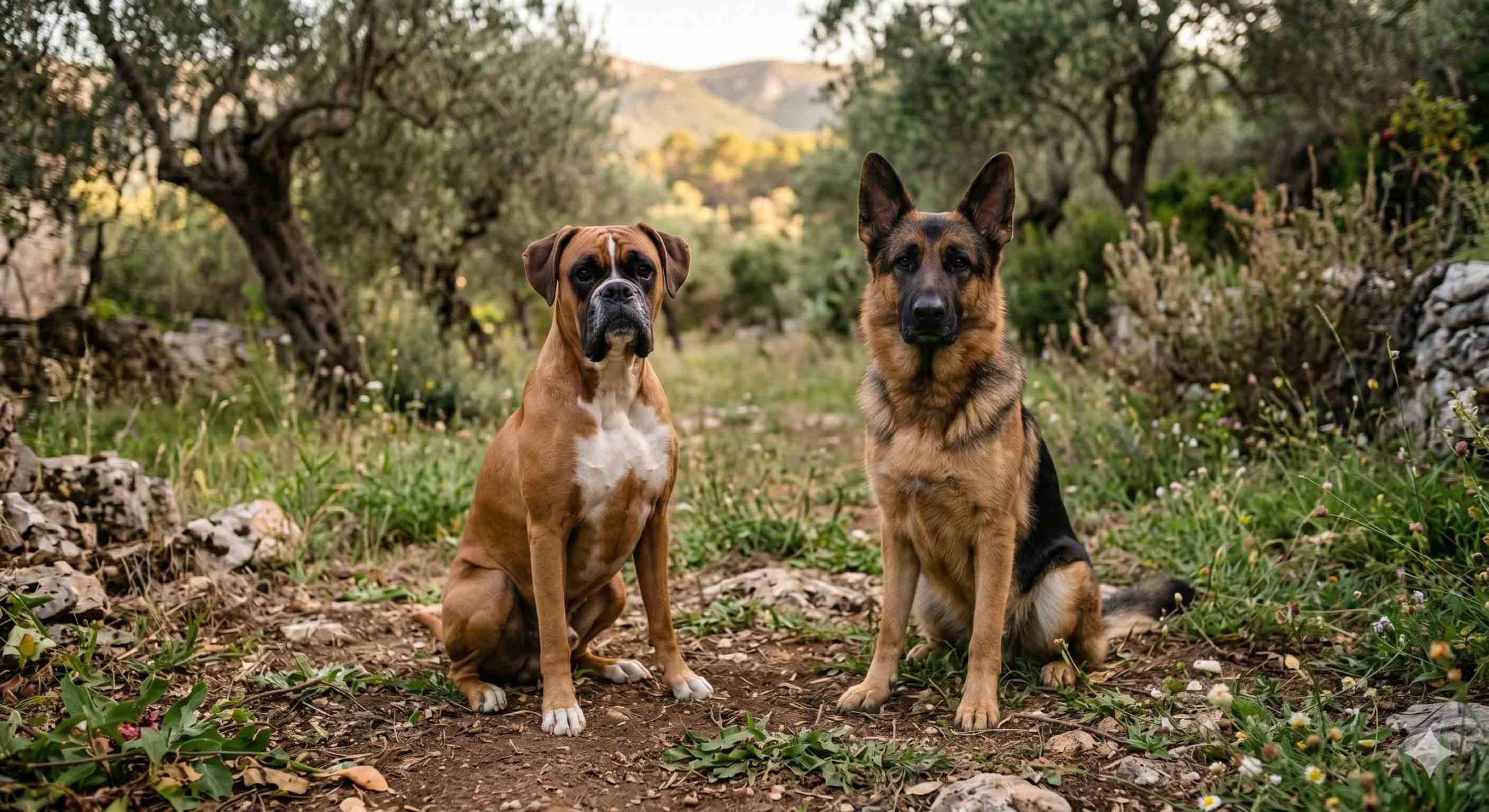 Δύο σκύλοι ένα μπόξερ στα αριστερά και ένα λυκόσκυλο στα δεξιά.