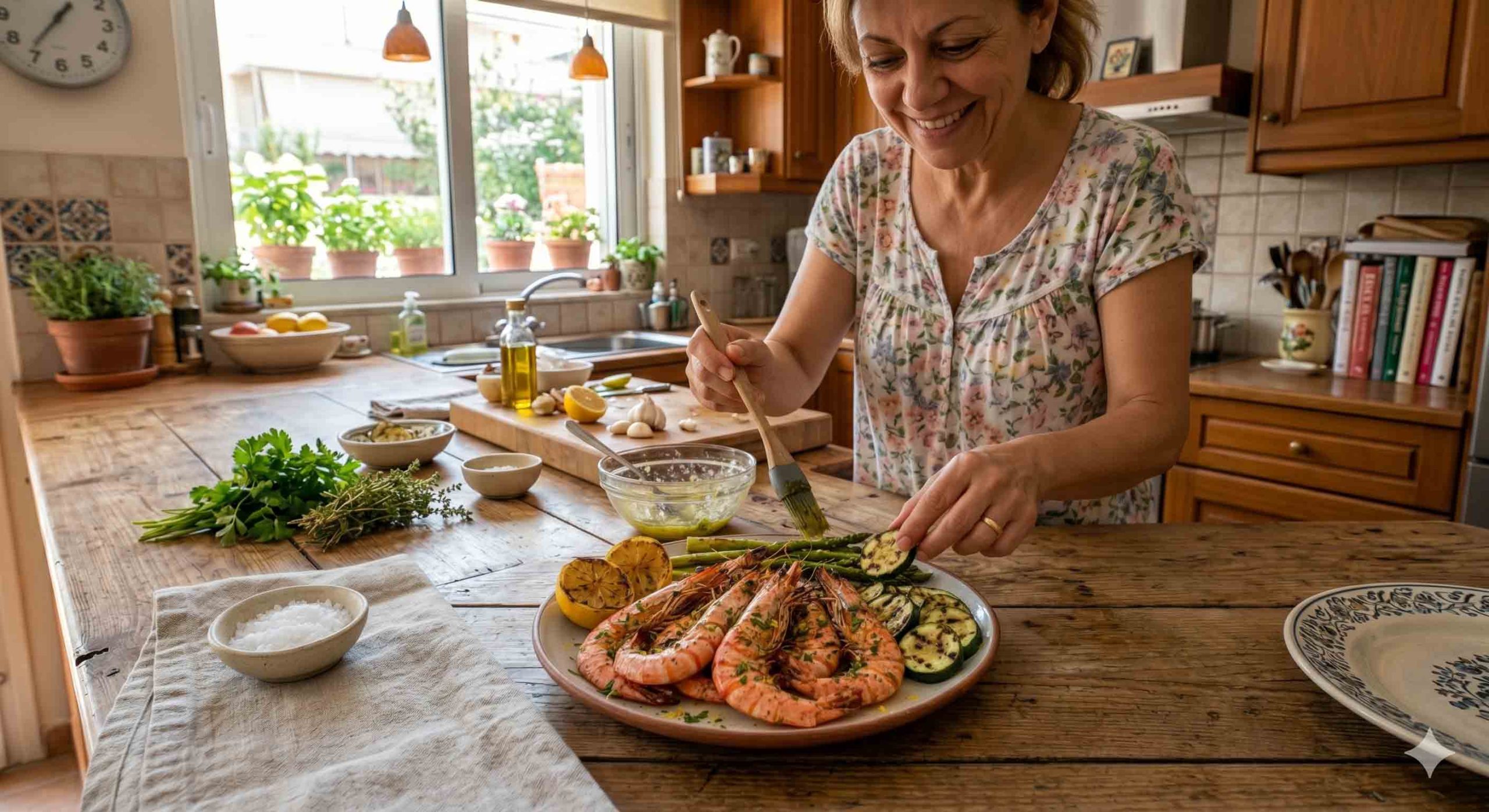 Γαρίδες στη σχάρα και γυναίκα που βάζει την τελευταία πινελιά στο πιάτο.