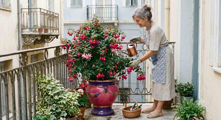 Γυναίκα περιποιείται σε μπαλκόνι μια γλάστρα με το σκουλαρίκι ή φούσκια.