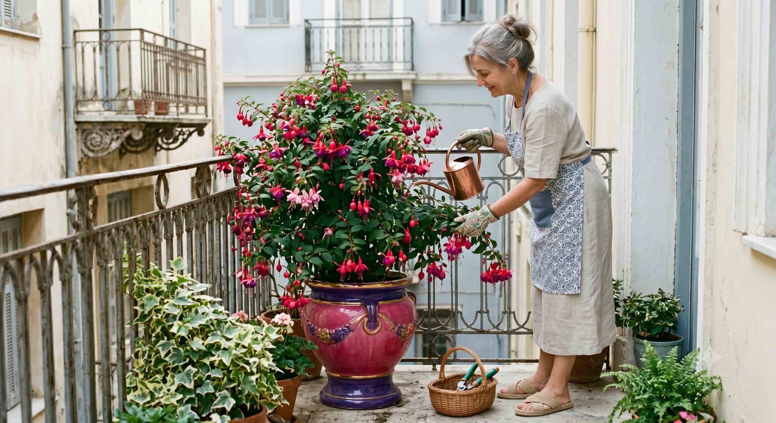 Γυναίκα περιποιείται σε μπαλκόνι μια γλάστρα με το σκουλαρίκι ή φούσκια.