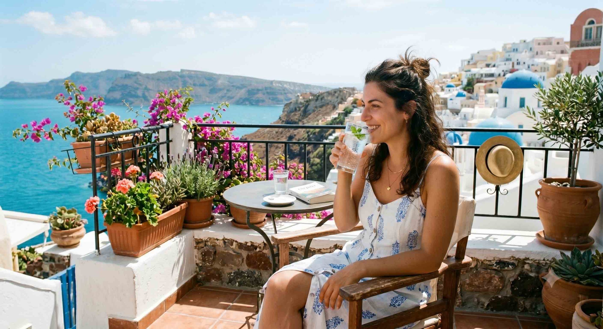 Γυναίκα πίνει νερό στο μπαλκόνι στο νησί.