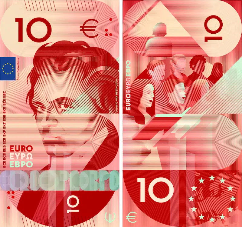 Πρόταση για το νέο ευρωπαϊκό χαρτονόμισμα των 10 ευρώ αφιερωμένη στον Μότζαρτ. Η μπροστινή και πίσω όψη του χαρτονομίσματος.