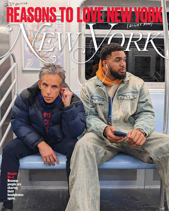 Ο Ben Stiller και ο Karl-Anthony Towns μοιράζονται ενσύρματα ακουστικά στο μετρό - εξώφυλλο New York Magazine