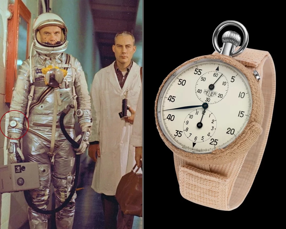 O αστροναύτης John Glenn λίγο πριν την απογείωση της αποστολής Friendship 7 το 1962 και το χρονόμετρο Heuer 2915A.
