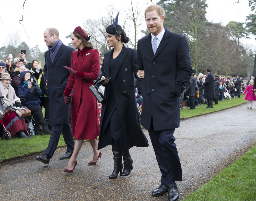 Ο πρίγκιπας William, η Kate Middleton, η Meghan Markle και ο πρίγκιπας Harry στη χριστουγεννιάτικη λειτουργία στο Σάντρινγκχαμ στο Νόρφολκ, 25 Δεκεμβρίου 2018