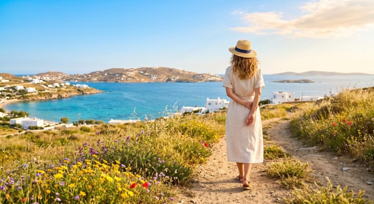 Γυναίκα περπατά στο νησί την καλοκαιρινή περίοδι με τα χέρια της πίσω από την πλάτη. Για τους ειδικούς στη γλώσσα του σώματος, το περπάτημα με τα χέρια πίσω από την πλάτη αποπνέει αρχικά μια αίσθηση σιγουριάς