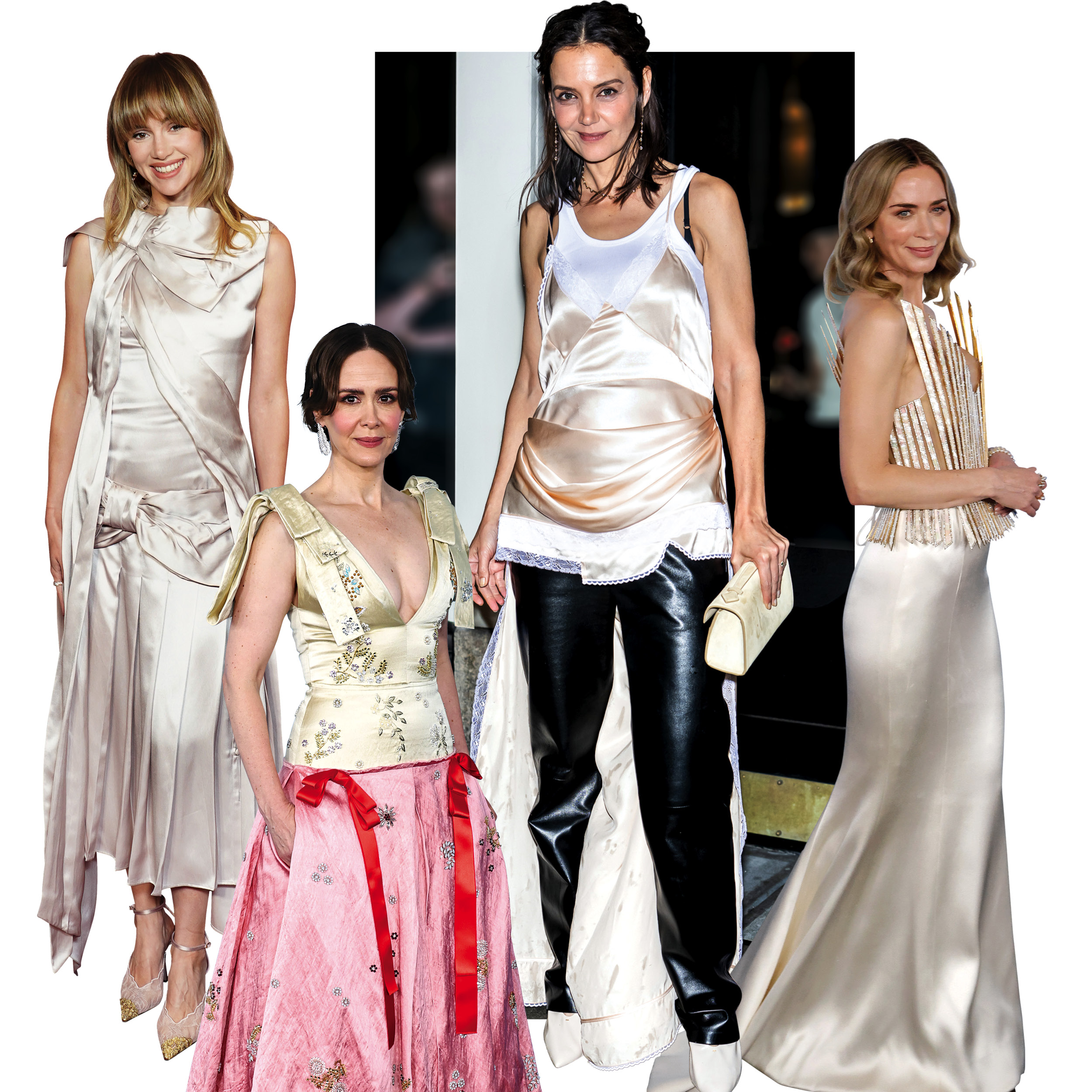 Celebrity εμφανίσεις με σατέν φορέματα και tops: Katie Holmes, Emily Blunt, Sarah Paulson και Suki Waterhouse