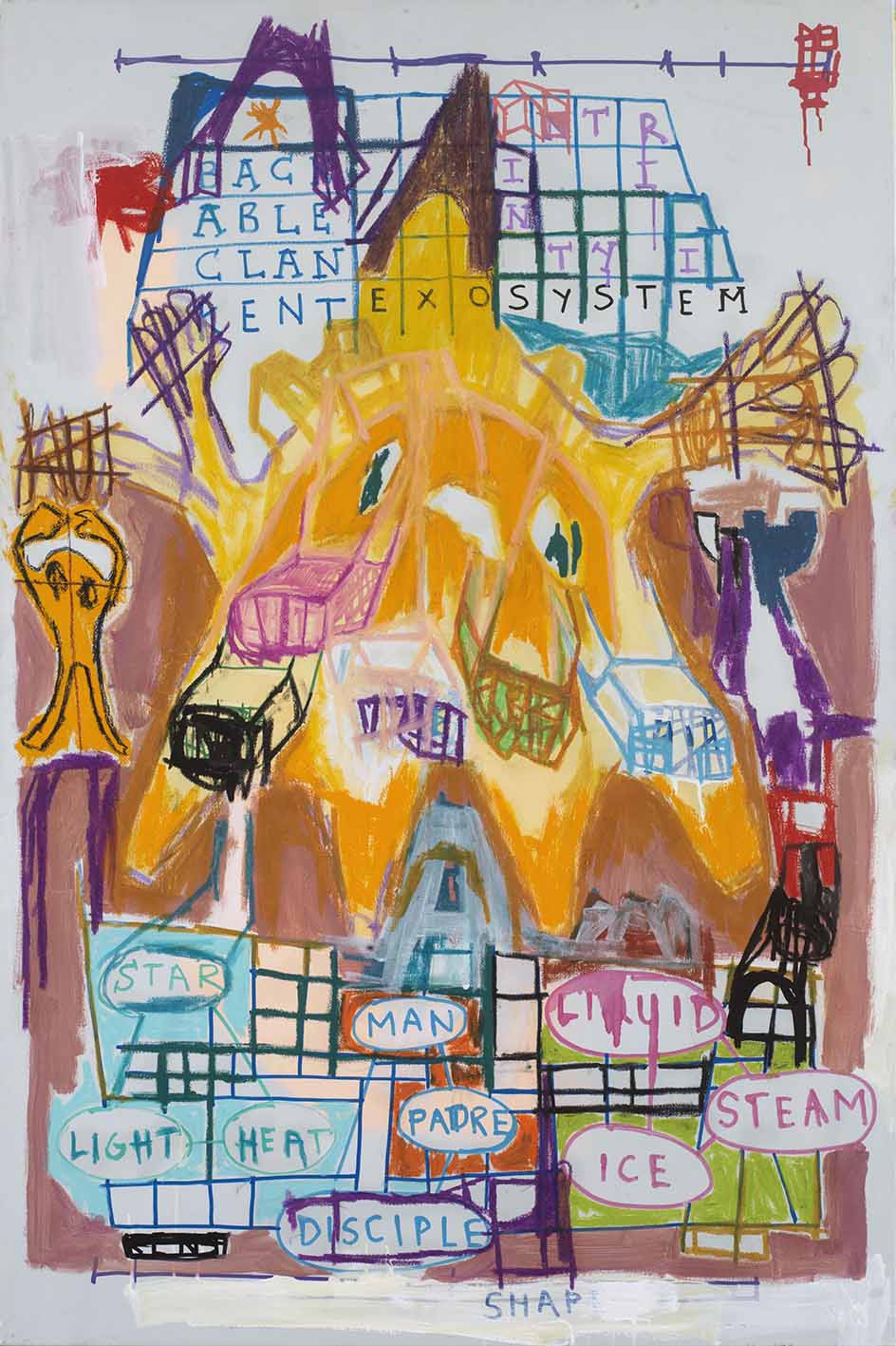 Totemic Grid II [Τοτεμικό Πλέγμα II], 2026, μικτή τεχνική σε καμβά, 150 × 100 εκ. Totemic Grid II, 2026, mixed media on canvas, 150 × 100 cm
