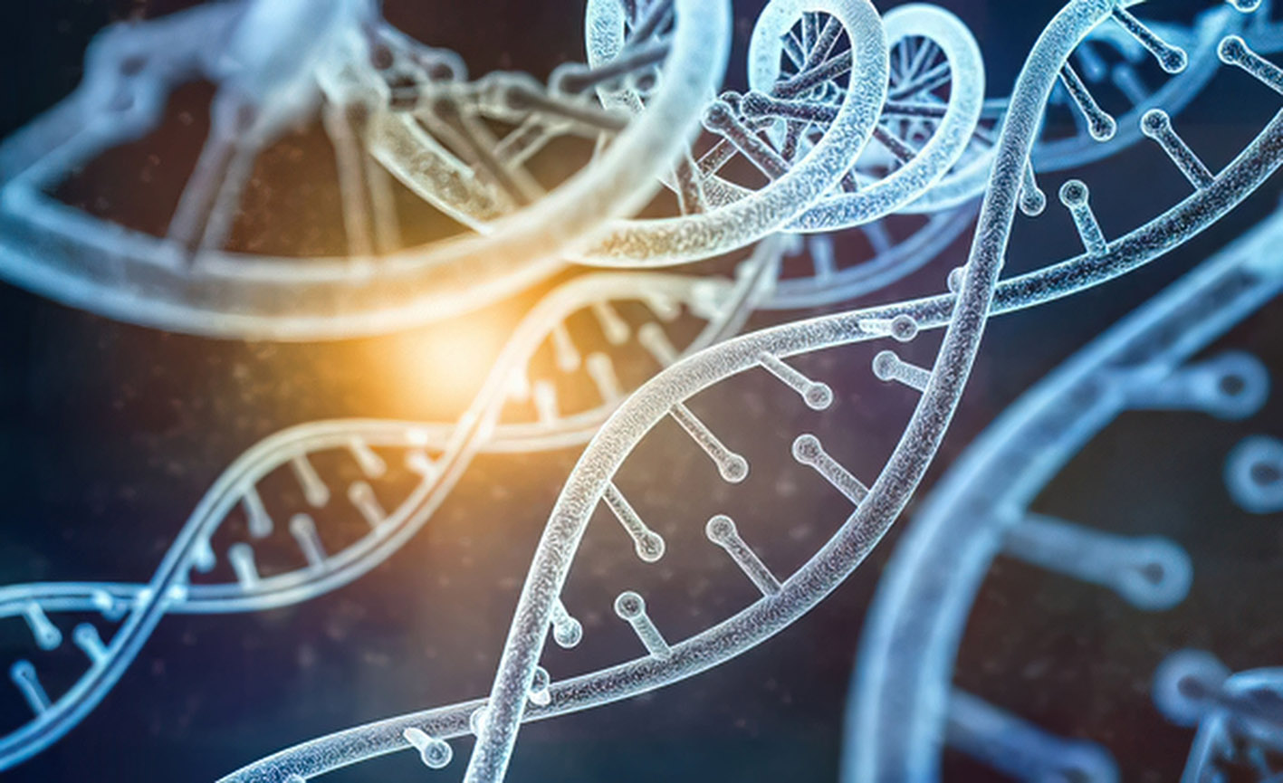 μια λεπτομερής εικόνα των κλώνων του DNA με ένα έντονο φως που λάμπει μέσα από αυτά, τονίζοντας την περίπλοκη δομή των μορίων του DNA