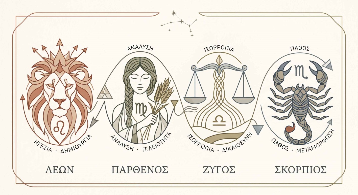 Το ζώδιο του Λέοντα, της Παρθένου, του Ζυγού και του Σκορπιού.