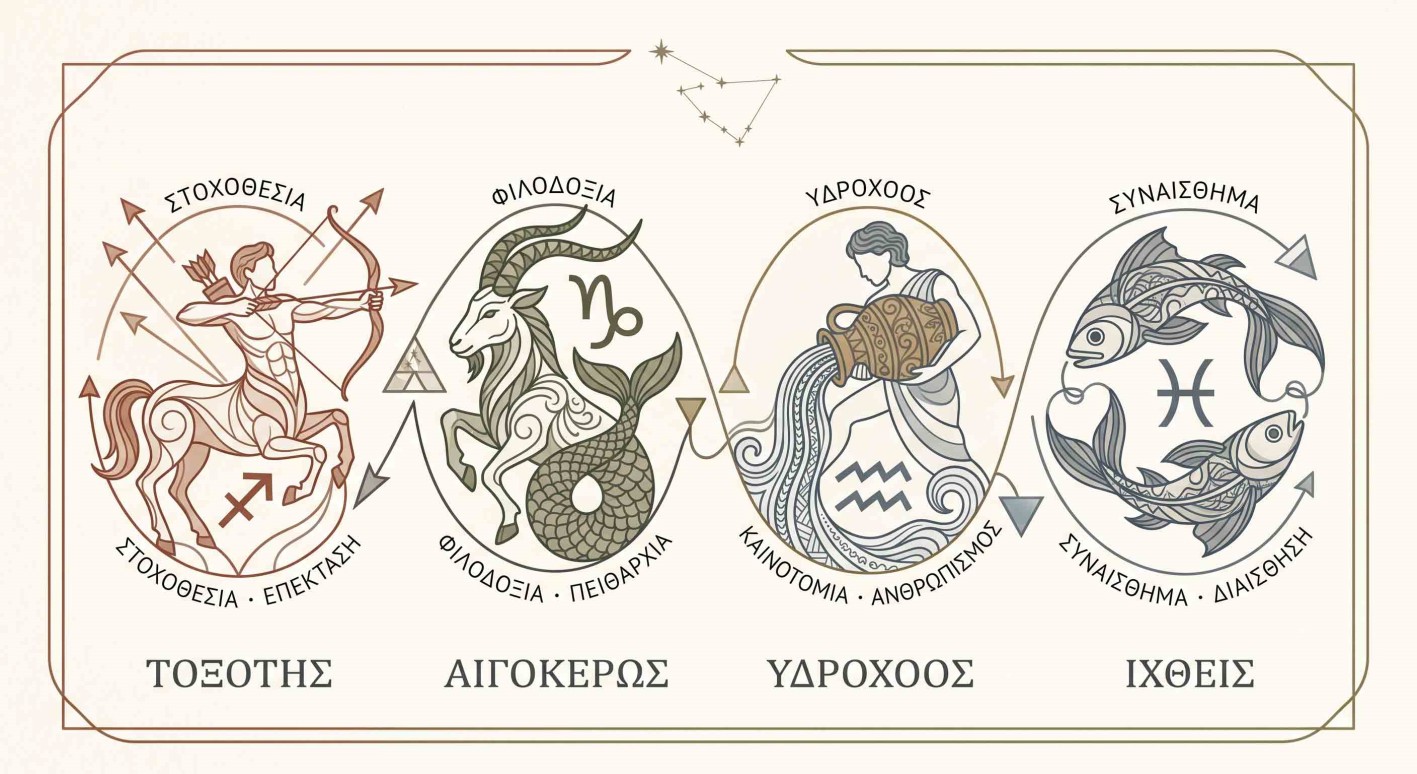 Tέσσερα ζώδια. Τοξότης Αιγόκερος Υδρόχόος και Ιχθύς