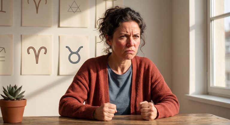 Γυναίκα στο σπίτι της τσαντισμένη. Τα σήματα ζωδίων από πίσω της.