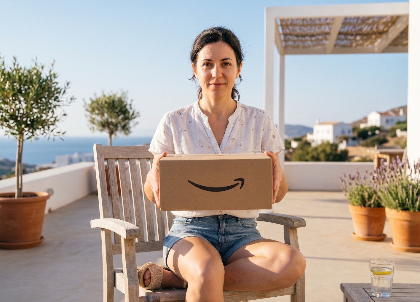 Γυναίκα παραλαμβάνει πακέτο από online αγορά.