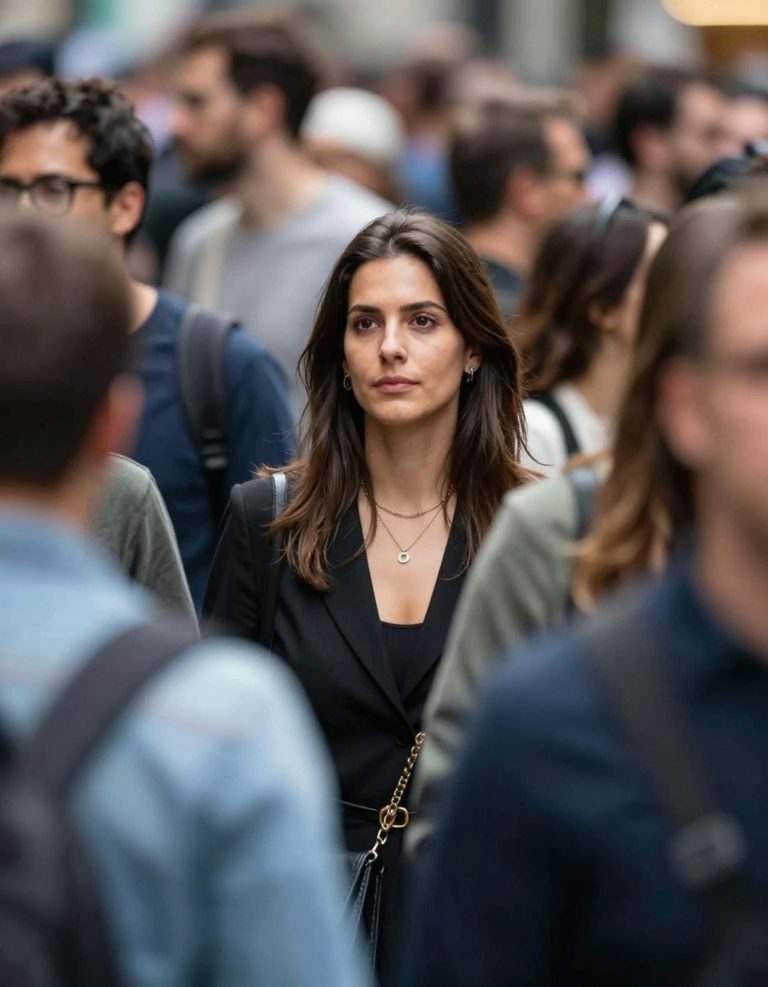 Γυναίκα περπατά στην πόλη ανάμεσα σε πλήθος.