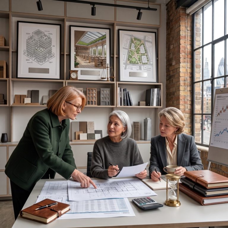 Τρεις γυναίκες συνομιλούν στο γραφείο τους.