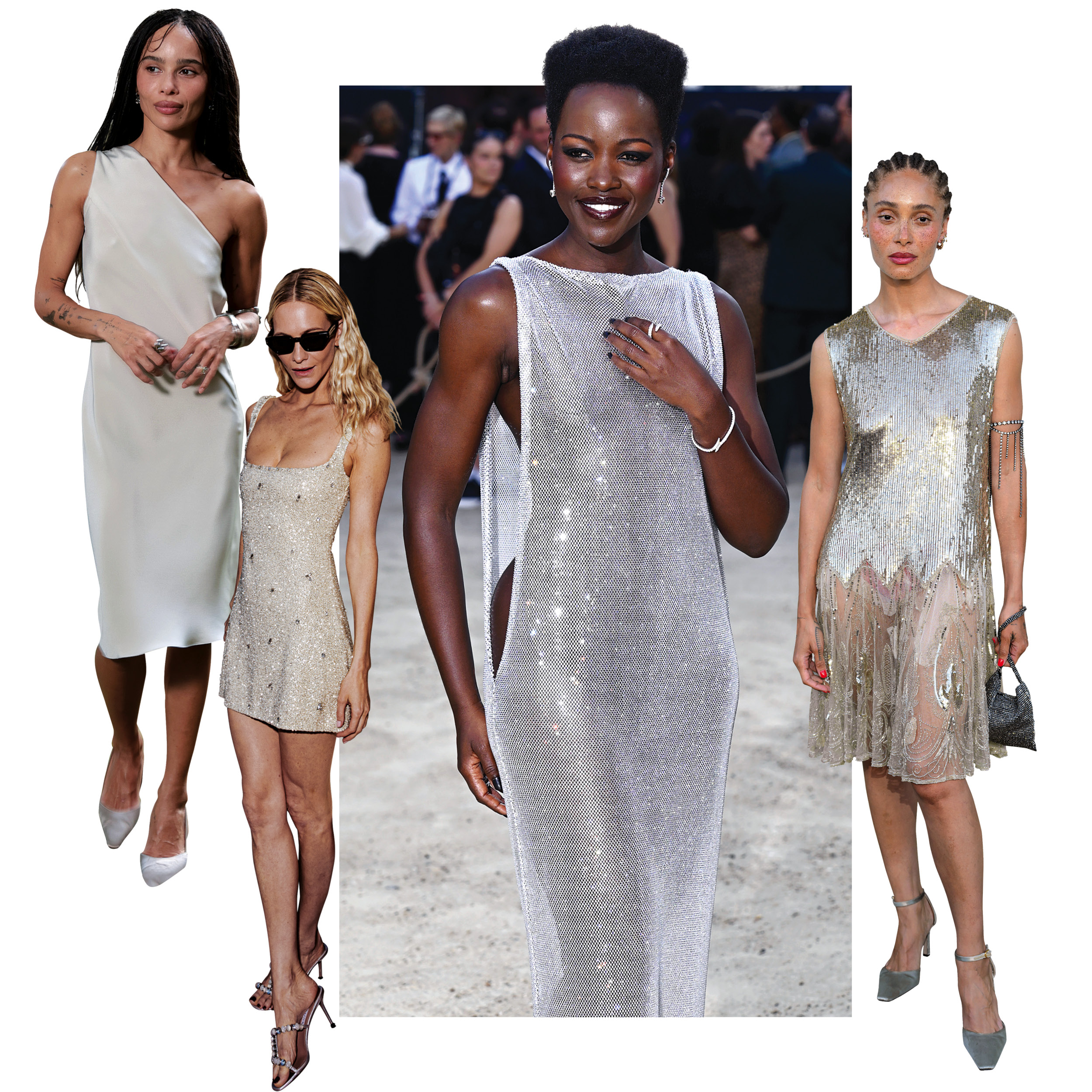 Διάσημες εμφανίσεις με metallic και ασημί φορέματα, Lupita Nyong'o με μάξι λαμπερό φόρεμα και Zoë Kravitz