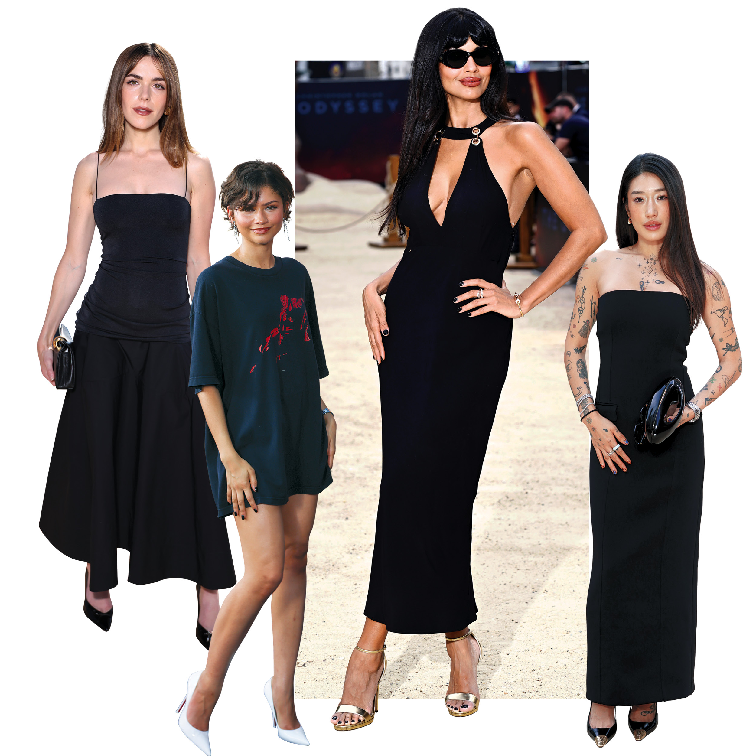 Κολάζ με μαύρα φορέματα και total black outfits, Zendaya με casual t-shirt και Jameela Jamil με halter neck φορεμα