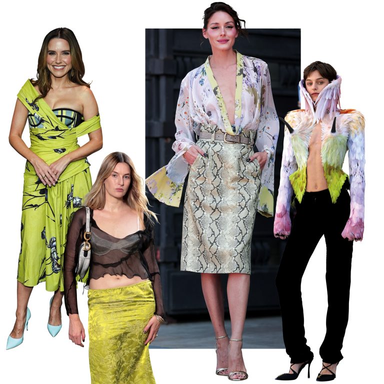 Outfits σε λαχανί και φλόραλ τόνους, Olivia Palermo με φλόραλ πουκάμισο και φούστα με snake print