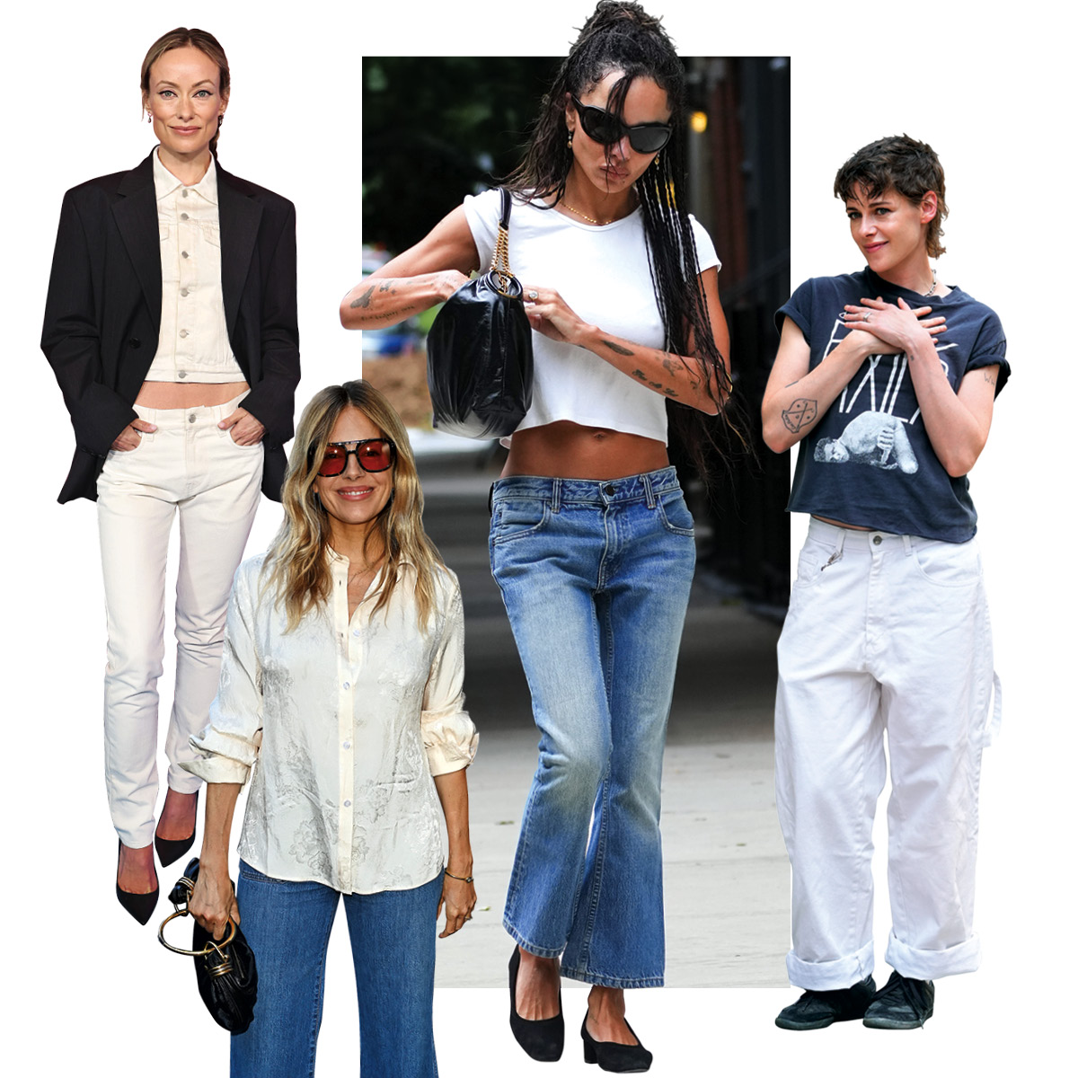 Κολλάζ με φθινοπωρινά outfits διασήμων με τζιν παντελόνια σε διάφορες γραμμές.