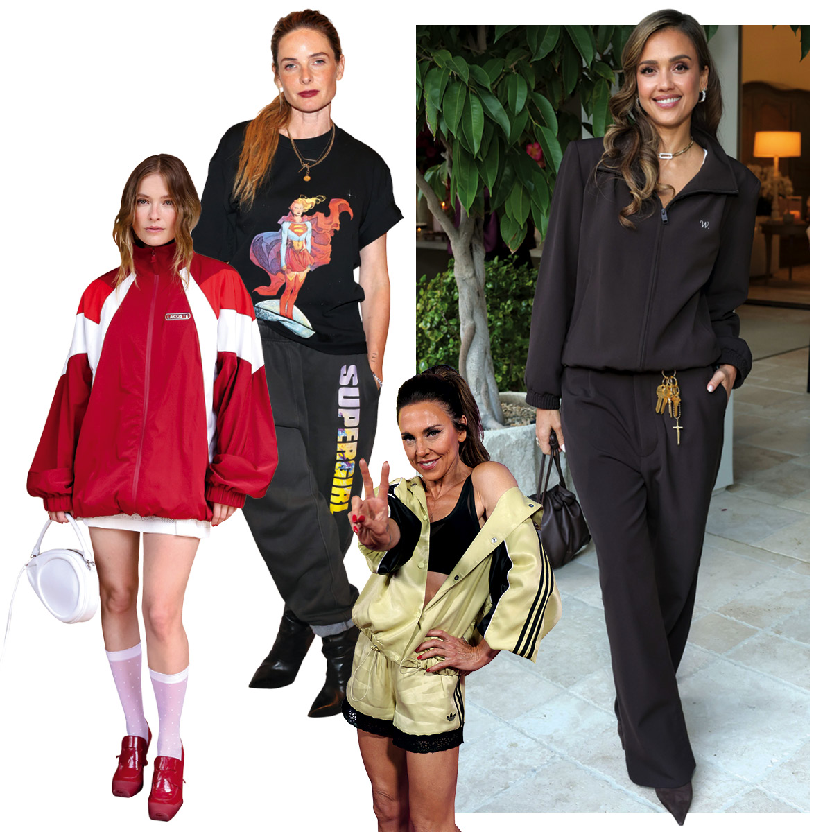 Athleisure εμφανίσεις διασήμων με αθλητικές φόρμες, τζάκετ και σπορ αισθητική.