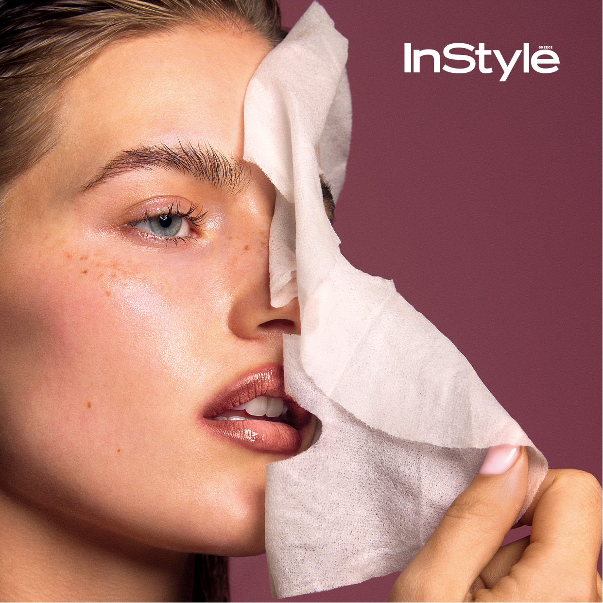 Beauty editorial του InStyle Greece με κοντινό πλάνο μοντέλου