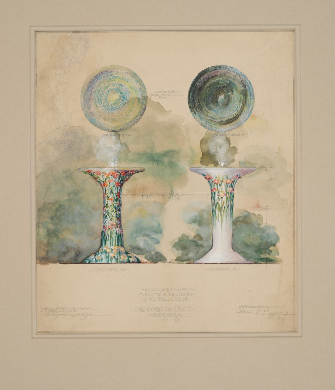 Ανώνυμος σχεδιαστής, Tiffany Studios, 1902–32 / «Πρόταση για λουτρό πουλιών από γυάλινο ψηφιδωτό με φυτικό μοτίβο, για την κα Richardson Pratt, Μπρούκλιν, Νέα Υόρκη», περ. 1917 / Διαφανής και αδιαφανής υδατογραφία, μελάνι και γραφίτης σε χαρτί, επικολλημένο σε χαρτόνι, 35,4 × 30,2 εκ. / The Metropolitan Museum of Art, Νέα Υόρκη (67.654.1), Αγορά, δωρεές των Walter Hoving και Julia T. Weld και κεφάλαιο Dodge, 1967 © The Metropolitan Museum of Art