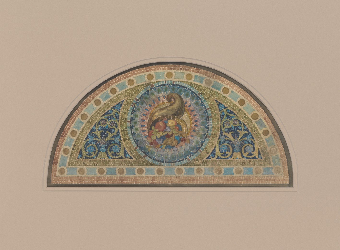 Αγνώστου δημιουργού, Tiffany Studios, 1902–32 / «Πρόταση για ψηφιδωτό σε ημικυκλικό πλαίσιο (lunette), Merchants and Mechanics Bank, Σκράντον, Πενσυλβάνια», 1909 / Διαφανής και αδιαφανής υδατογραφία, μελάνι, χρωματιστά μολύβια και γραφίτης σε χαρτί, 29,2 × 44,5 εκ. / The Metropolitan Museum of Art, Νέα Υόρκη (67.654.466) © The Metropolitan Museum of Art