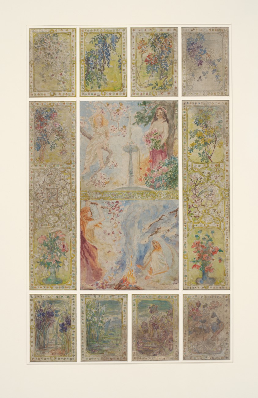Louis C. Tiffany (Αμερικανός, 1848–1933), Agnes F. Northrop (Αμερικανίδα, 1857–1953) / Tiffany Glass and Decorating Company (1892–1902) Σχέδιο για το παράθυρο «Τέσσερις Εποχές», Οικία Walter B. Jennings, Burrwood, Cold Spring Harbor, Νέα Υόρκη, 1897 / Διαφανής και αδιαφανής υδατογραφία, χρωματιστά μολύβια και γραφίτης σε χαρτί, 66,7 × 43,2 εκ. / The Metropolitan Museum of Art, Νέα Υόρκη (67.654.317), Αγορά, δωρεές των Walter Hoving και Julia T. Weld, καθώς και πόροι από το Dodge Fund, 1967 © The Metropolitan Museum of Art