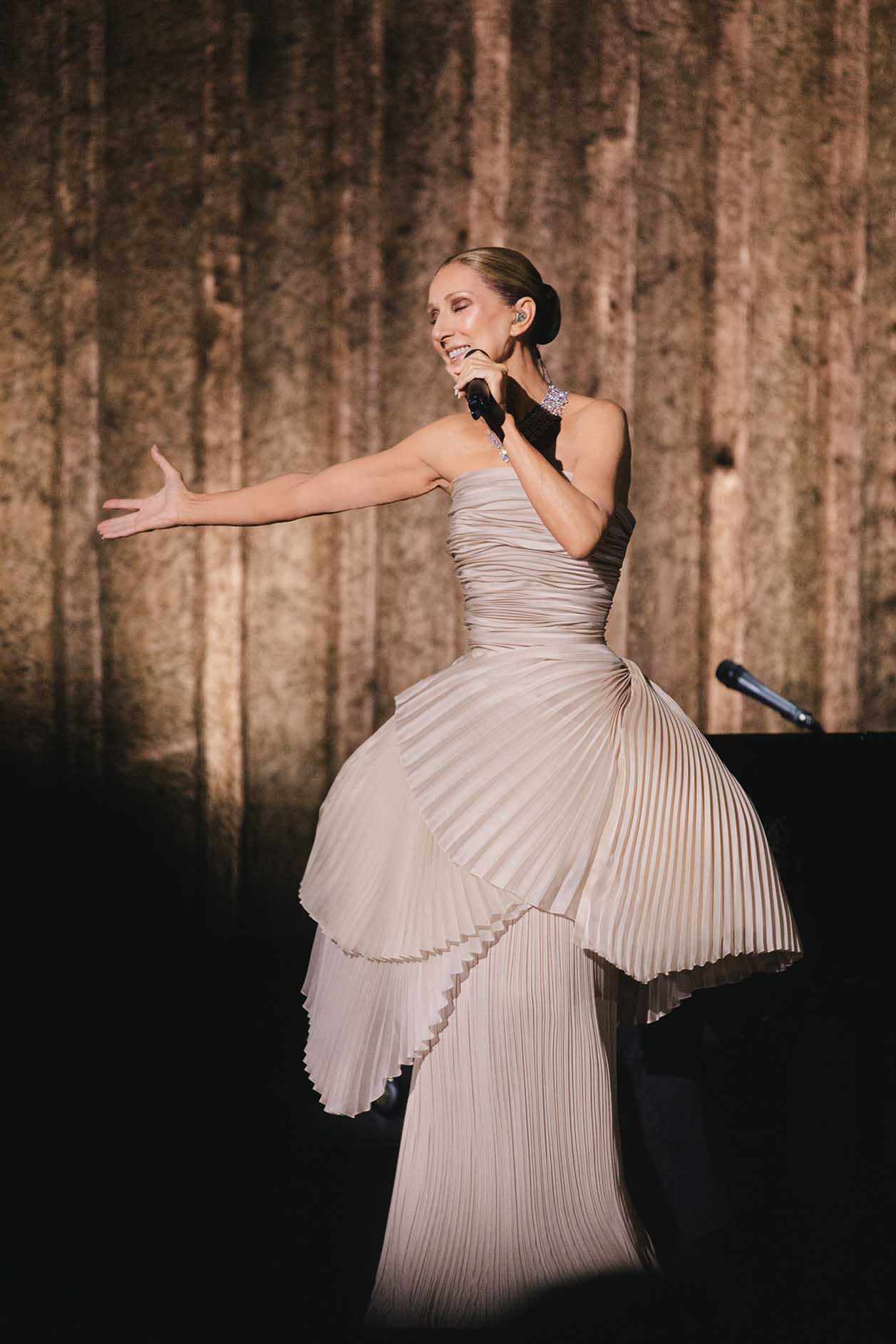 Η Céline Dion φόρεσε ένα μακρύ ivoire Dior φόρεμα σε ίσια γραμμή, από μουσελίνα και οργάντζα, με πλισέ μπούστο και μια ιδιαίτερη πλισέ κατασκευή στη μέση.