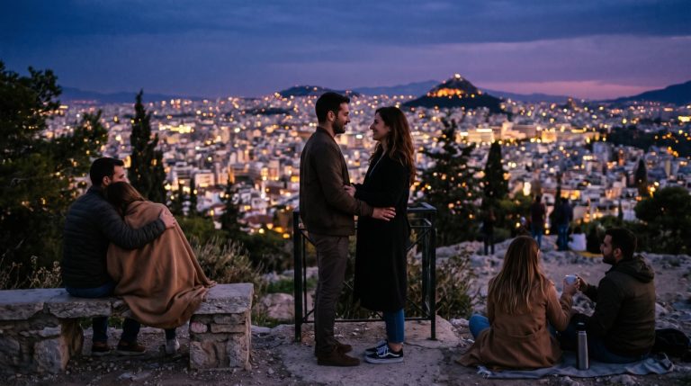 Τρία ζευγάρια σε ρομαντική στιγμή με φόντο τα φώτα της πόλης