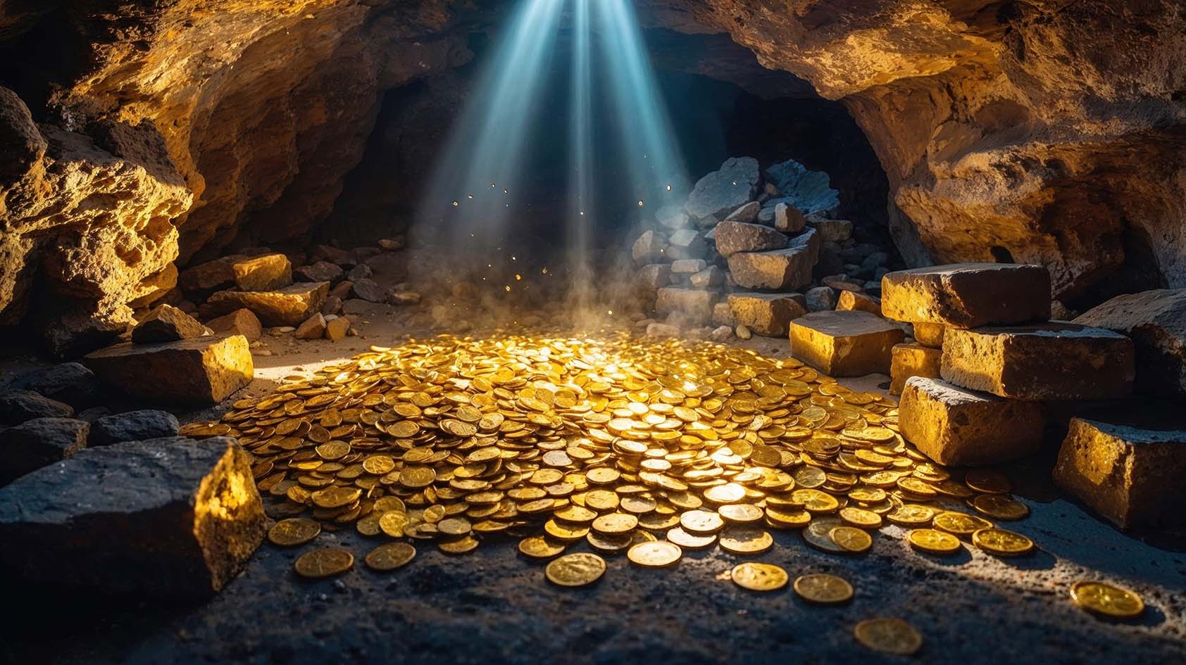 Σε σπηλιά φυλαγμένα χρυσά νομίσματα. Φαντασίας χώρος.