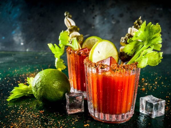 drink-blood mary-100 years-Spicy bloody mary cocktail with garnish